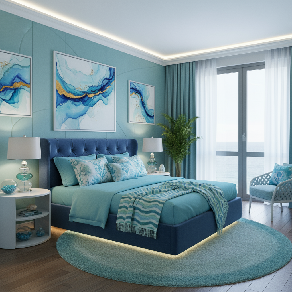Морские оттенки в современном интерьера спальни в квартире