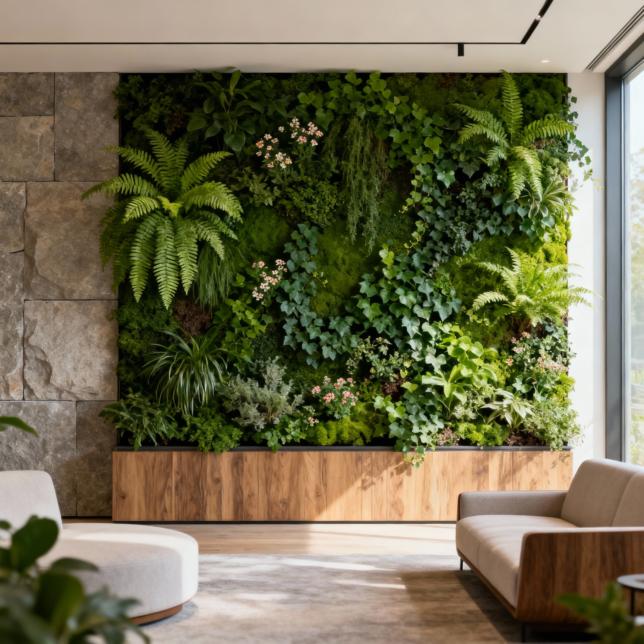 Биофильный дизайн интерьера с вертикальным садом и природными материалами
