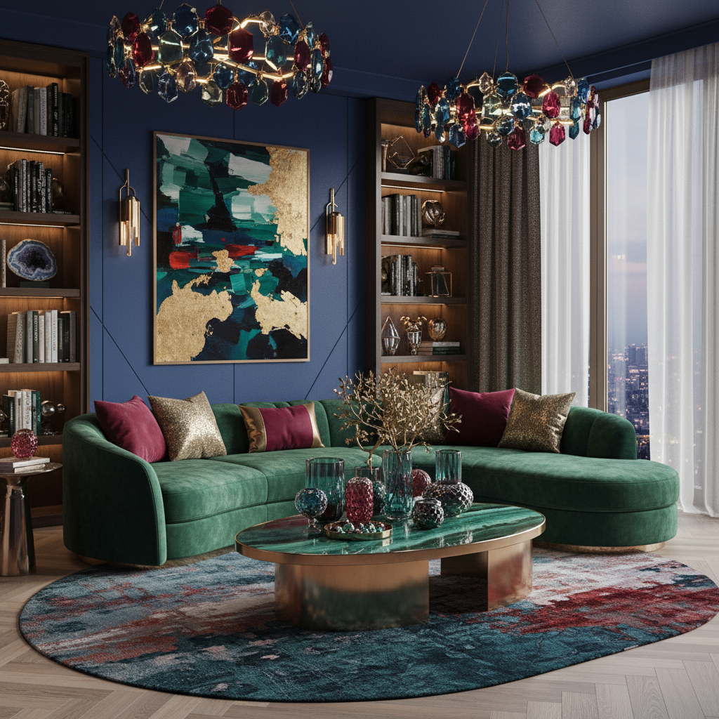 Драгоценные тона в интерьере современной гостиной