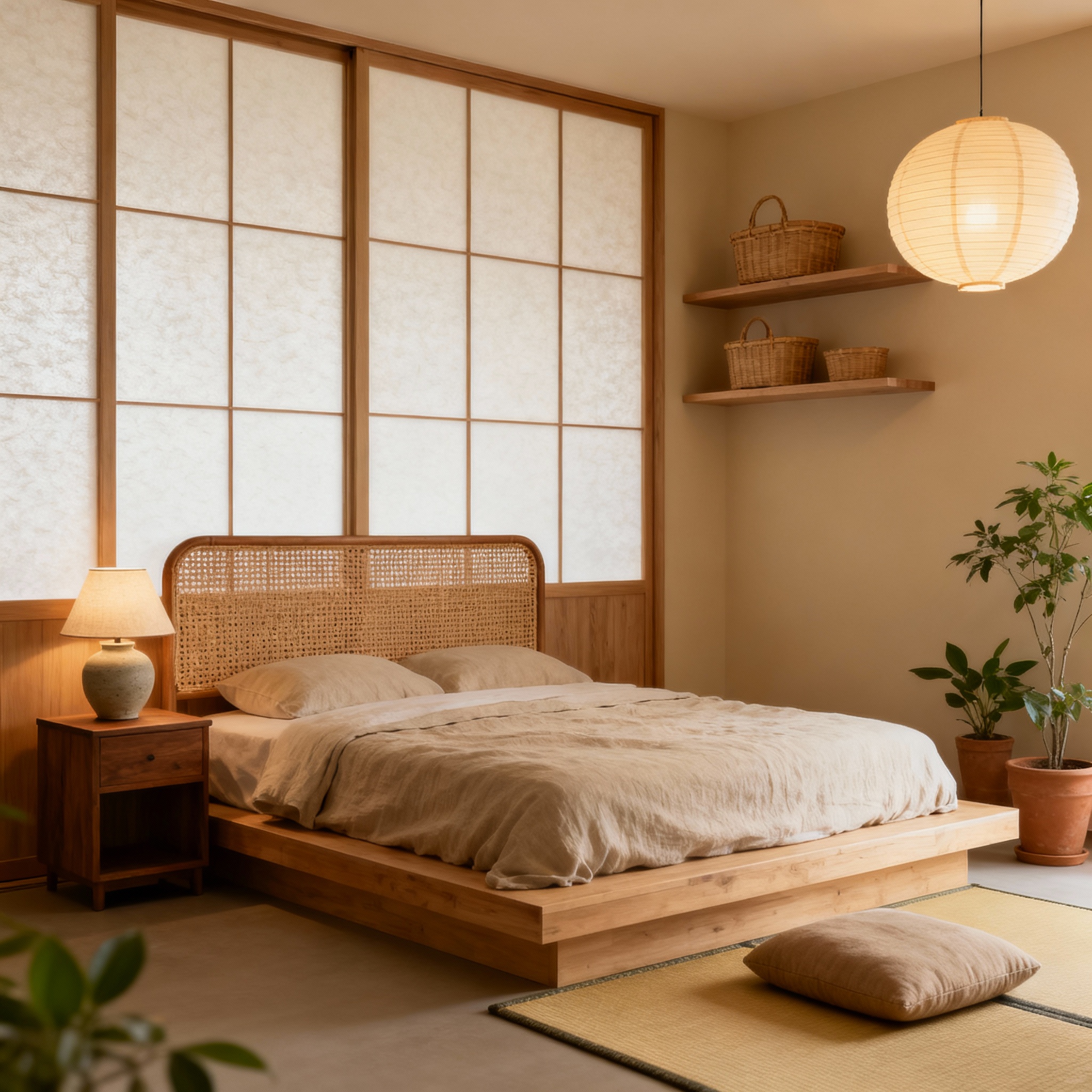 Спальня в стиле джапанди с натуральными текстурами и растениями